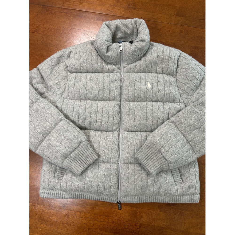 Polo Ralph Lauren Puffer Jacket Womens M Gray Cable Knit Down Filled Coat Wool
